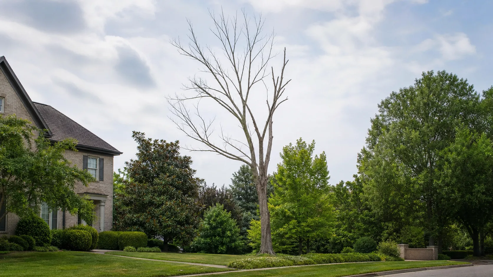 Standing dead tree in an established residential landscape