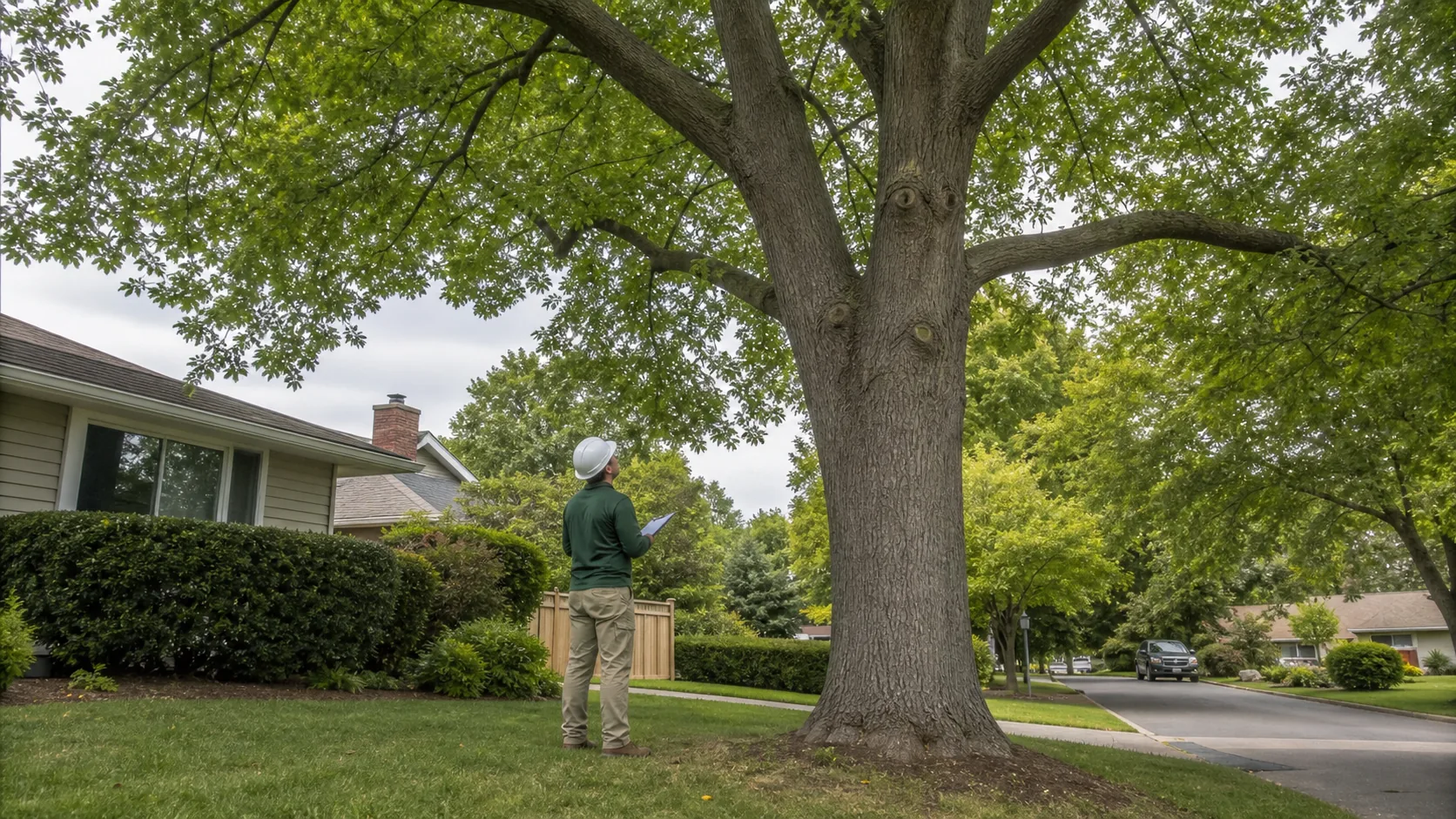 Arborist assessing a mature tree from the ground for a written estimate
