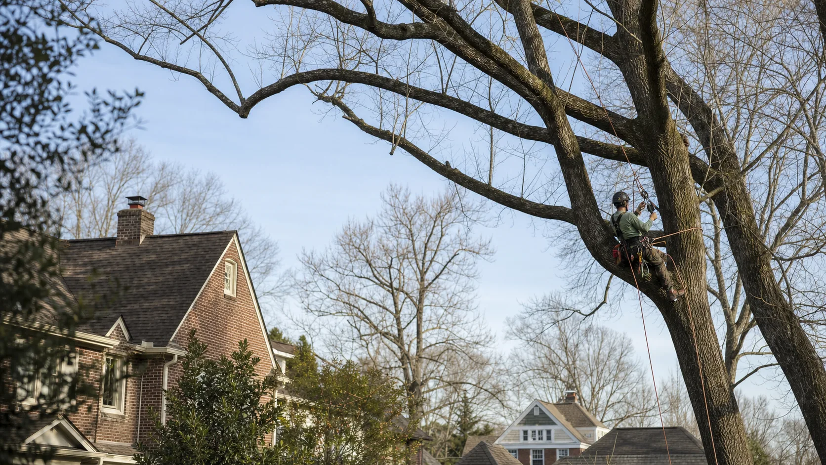 Arborist pruning a mature residential tree during the dormant season
