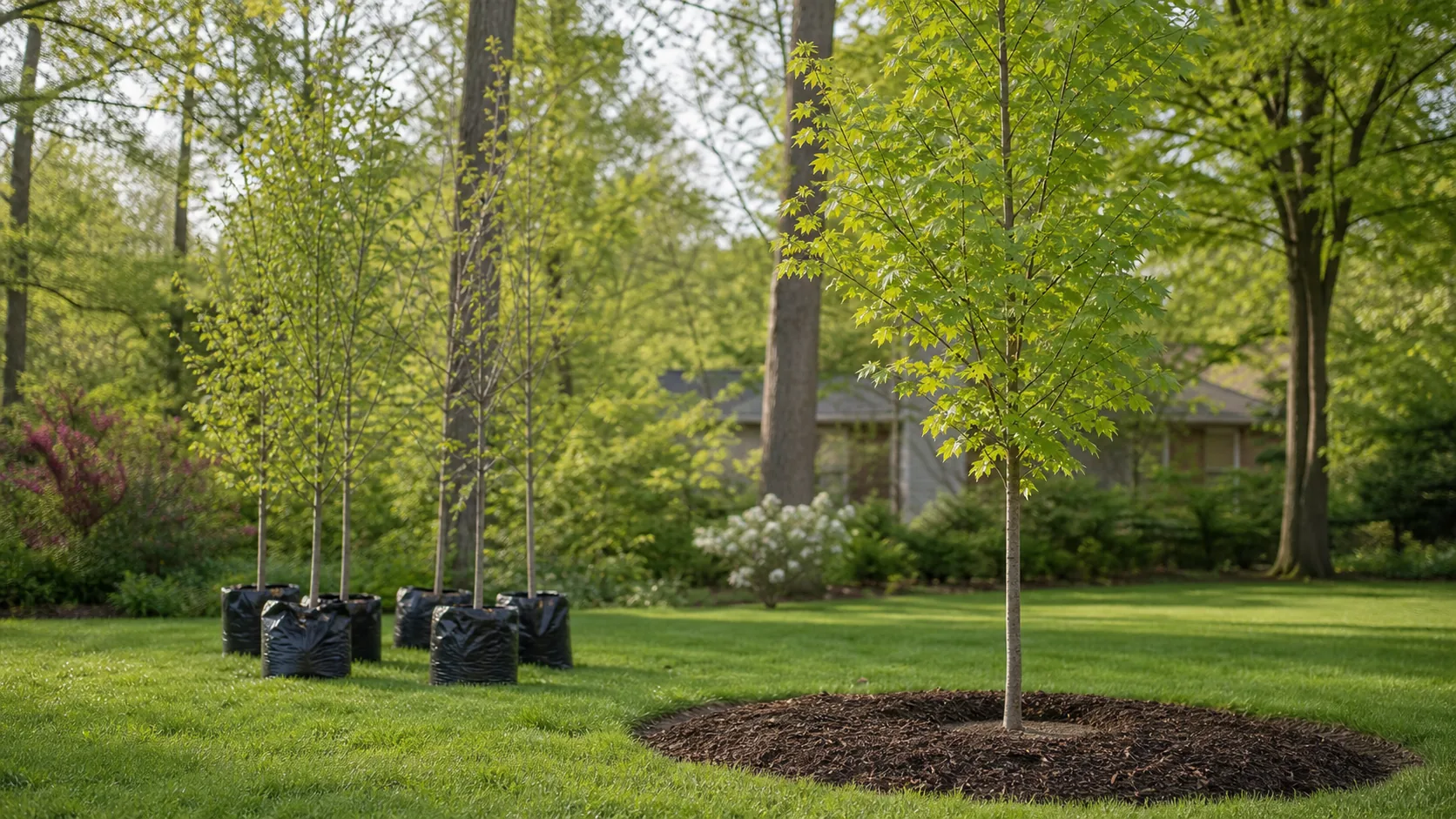 Young shade trees prepared for planting in a spacious yard