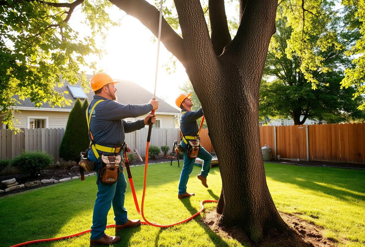 Memphis tree service crew trimming a large tree in a residential backyard