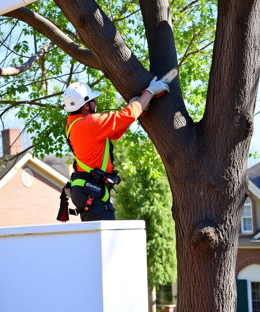 Memphis tree service crew trimming a large tree in a residential backyard