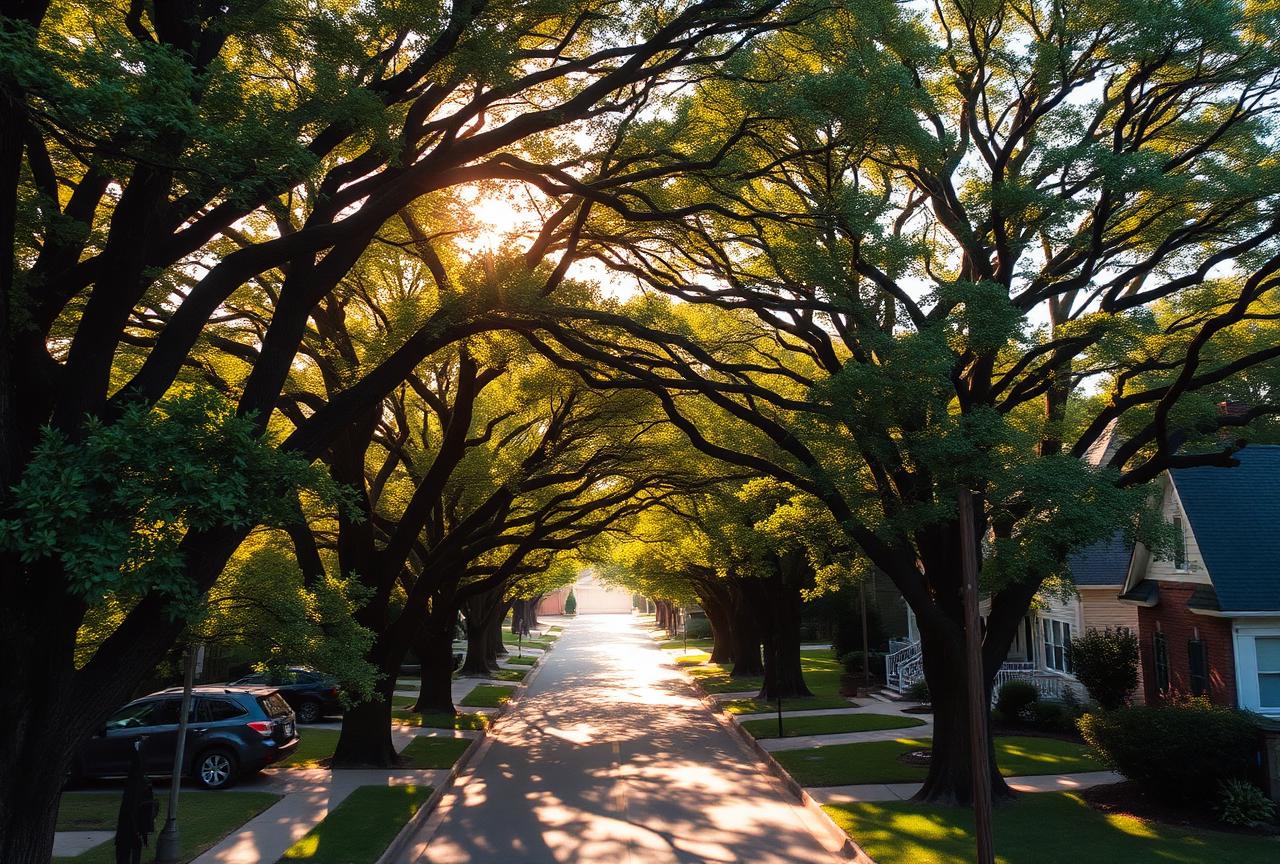 Tree-lined Memphis neighborhood street at golden hour