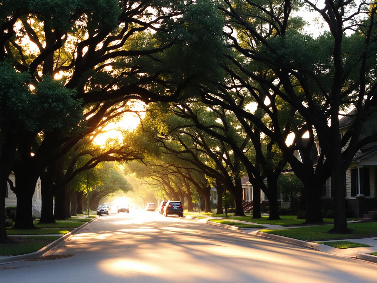 Tree-lined Memphis neighborhood street at golden hour