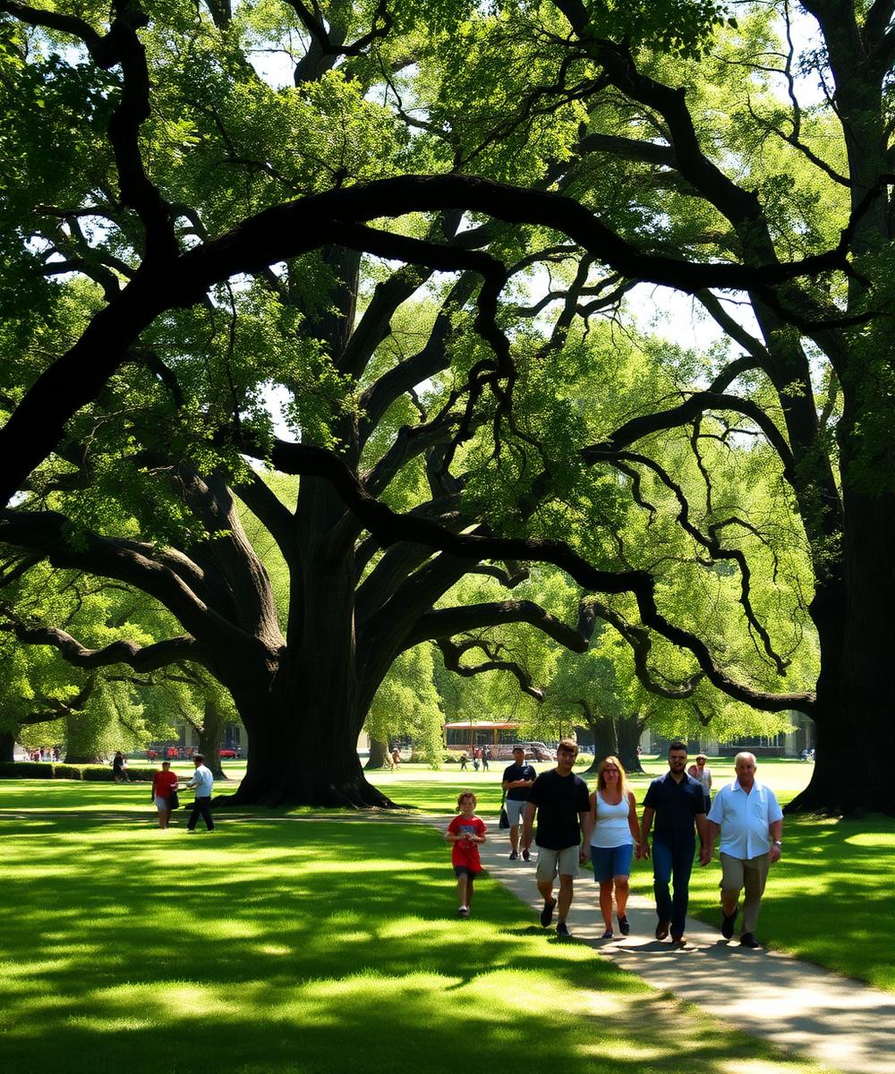 Families walking through a Memphis park under massive oaks