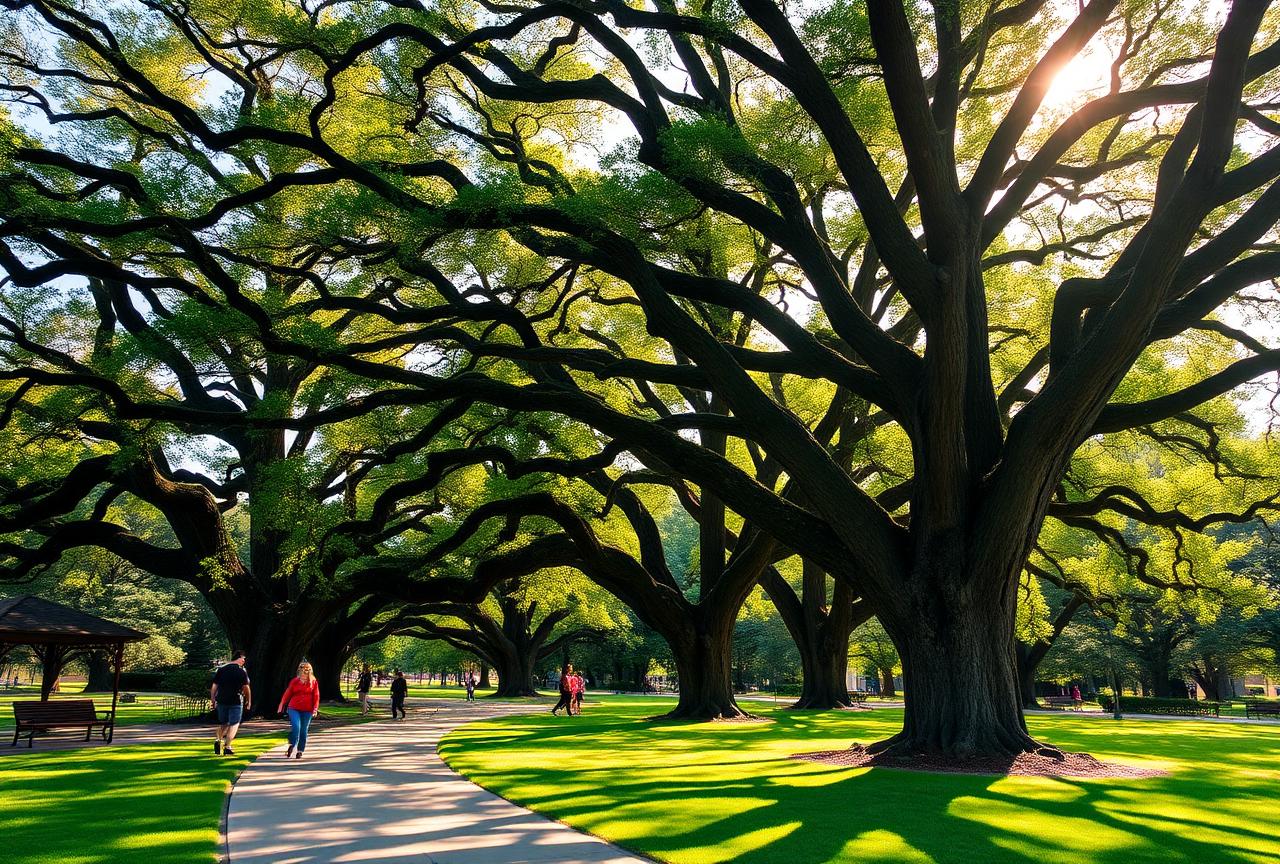 Families walking through a Memphis park under massive oaks